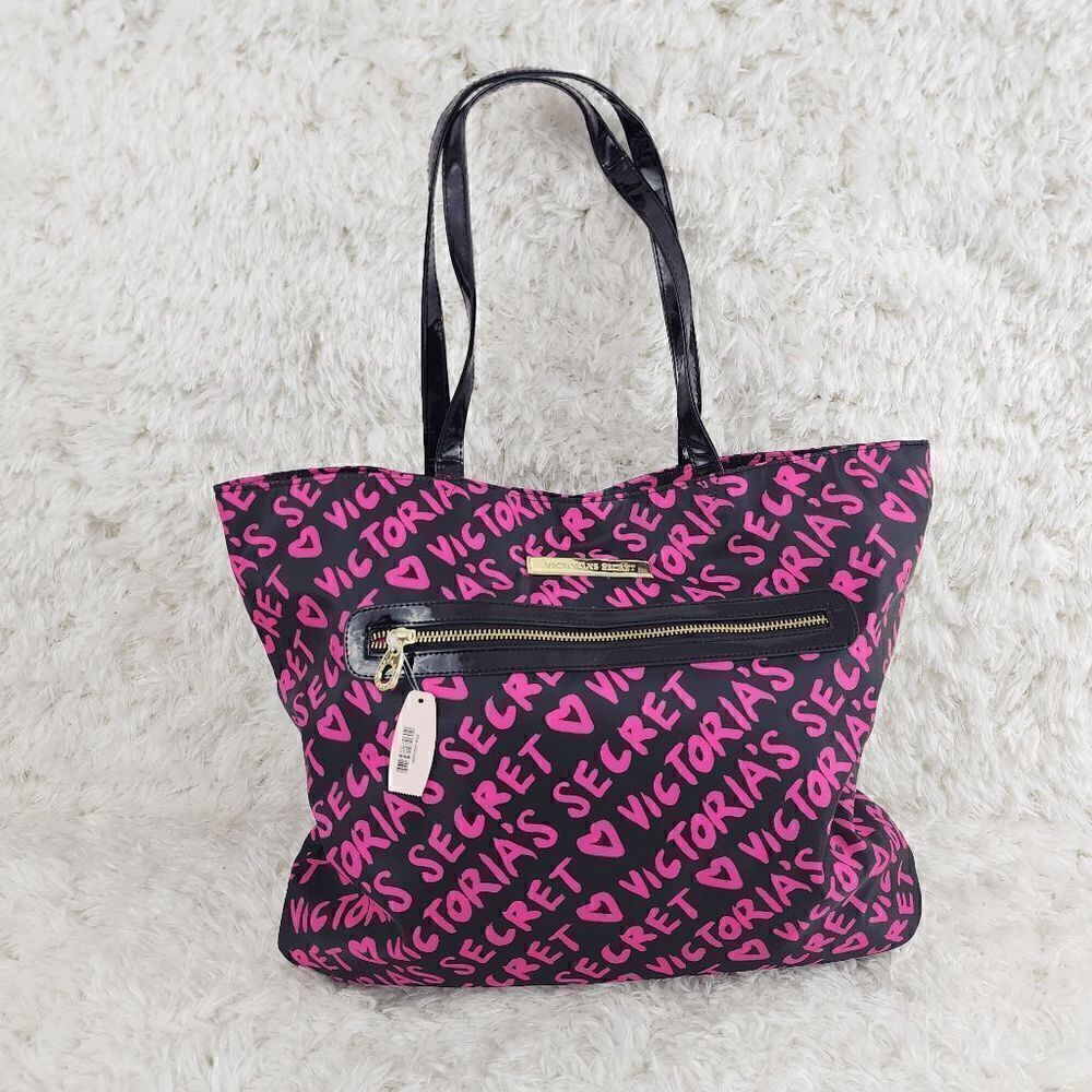 NWT Victoria's Secret Black Fuchsia Logo All Over Satin Bag NWT